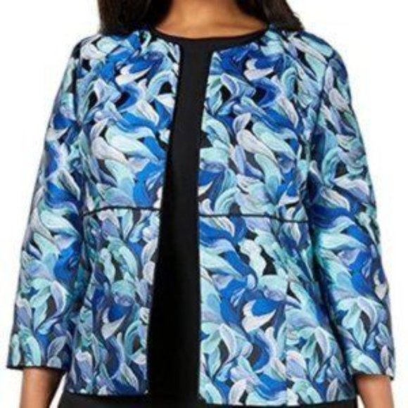 Kasper Blue Jacquard 3/4 sleeve Flyaway Jacket - Picture 4 of 7